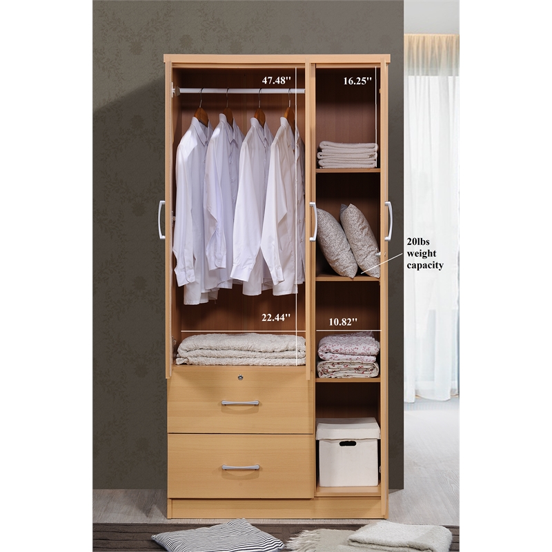 Hodedah 3 Door Armoire with 2 Drawers 3 Shelves in Beige Wood