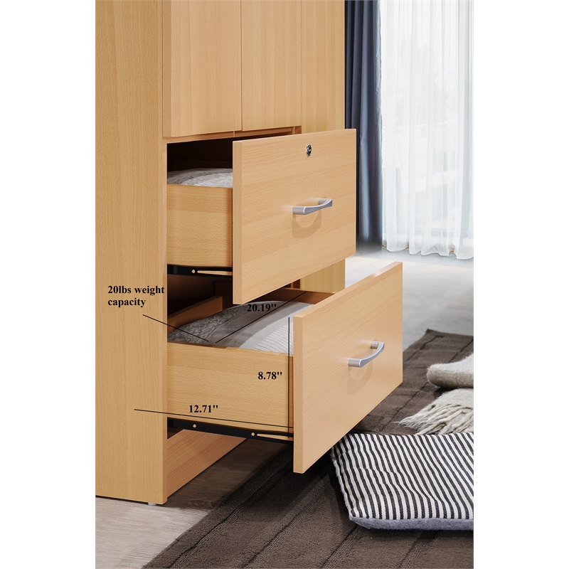Hodedah 3 Door Armoire with 2 Drawers 3 Shelves in Beige Wood