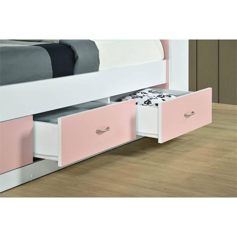 Hodedah Twin Size Captain Bed with 3 Drawers and Headboard in Pink Wood
