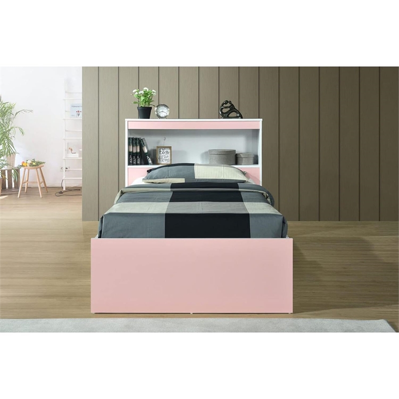 Hodedah Twin Size Captain Bed with 3 Drawers and Headboard in Pink Wood