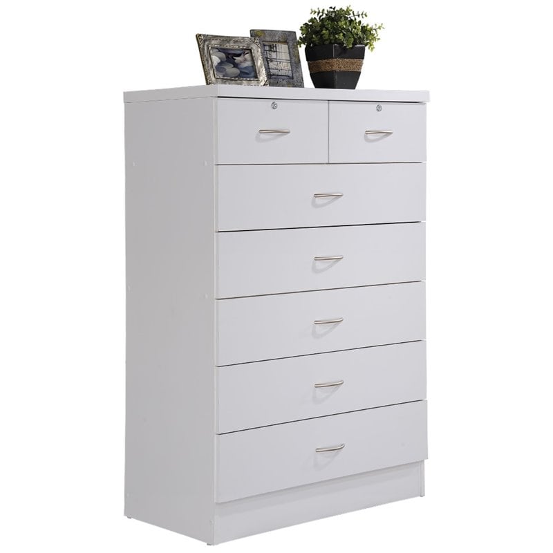 Hodedah 7 Drawer Chest with Locks on 2 Top Drawers in White Wood
