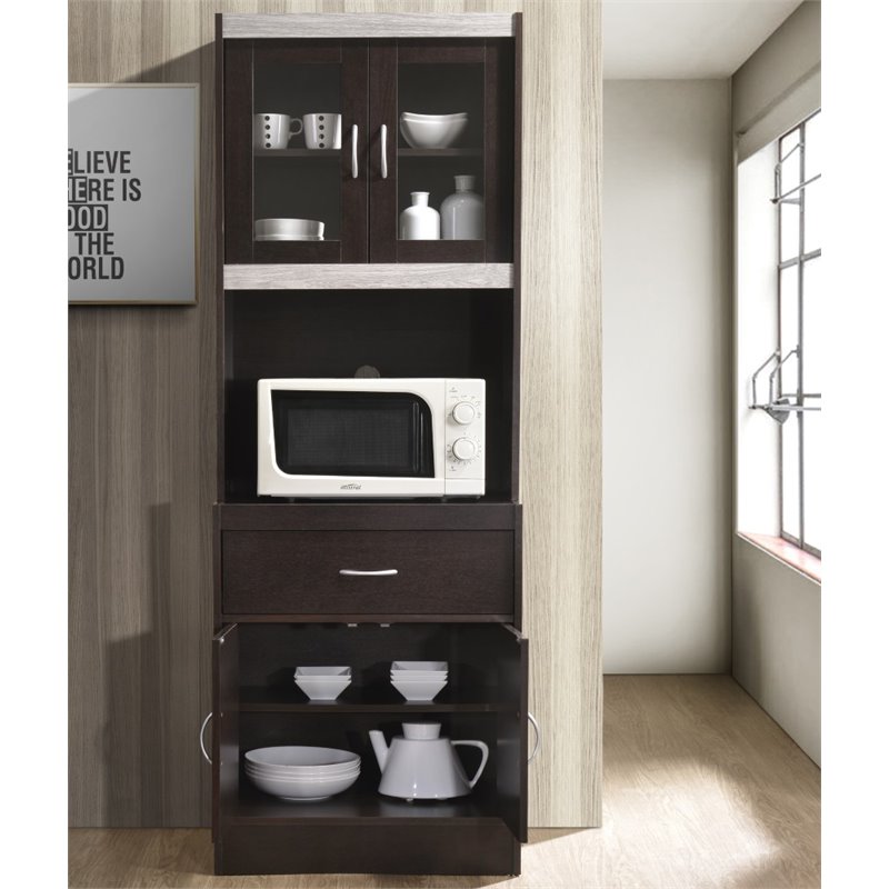 Hodedah Kitchen Cabinet 1 Drawer and Space for Microwave in Chocolate-Grey Wood