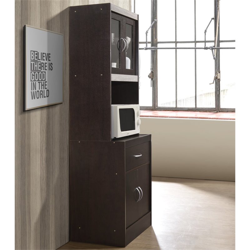 Hodedah Kitchen Cabinet 1 Drawer and Space for Microwave in Chocolate-Grey Wood