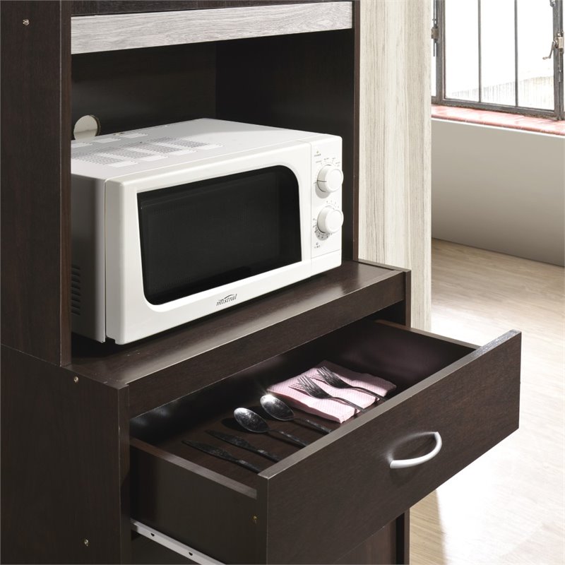 Hodedah Kitchen Cabinet 1 Drawer and Space for Microwave in Chocolate-Grey Wood