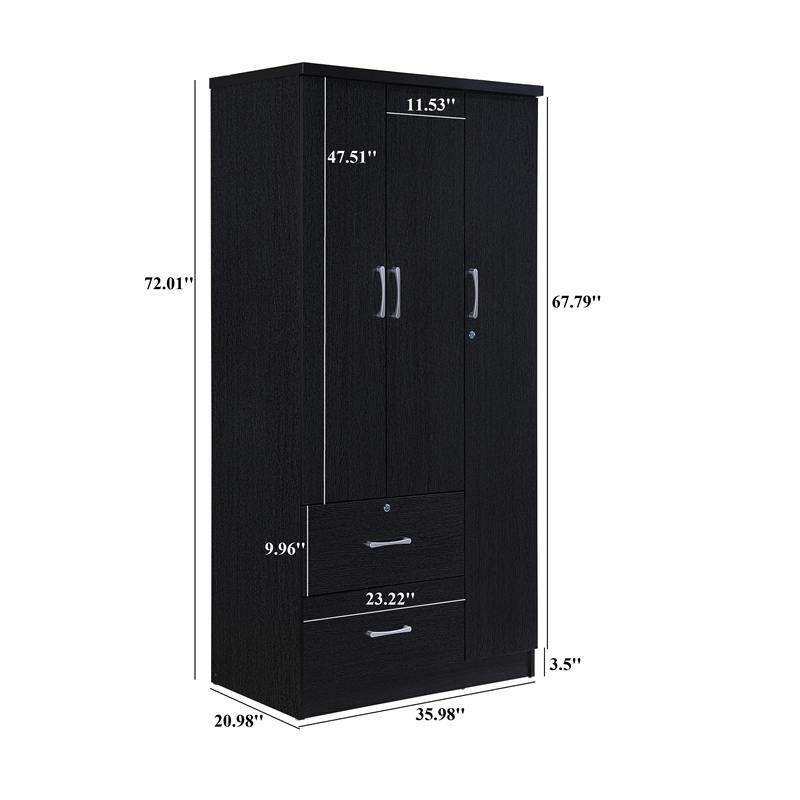 Hodedah 3 Door Armoire with 2 Drawers 3 Shelves in Black Wood
