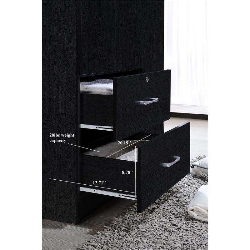 Hodedah 3 Door Armoire with 2 Drawers 3 Shelves in Black Wood