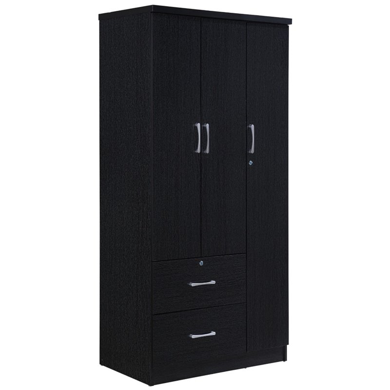 Hodedah 3 Door Armoire with 2 Drawers 3 Shelves in Black Wood