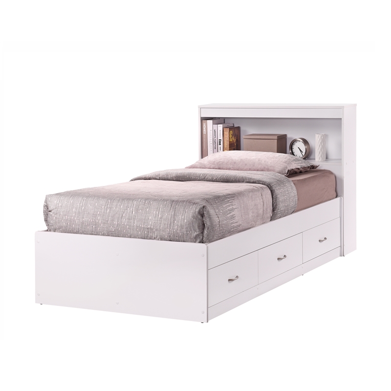 Hodedah Twin Size Captain Bed with 3 Drawers and Headboard in White Wood
