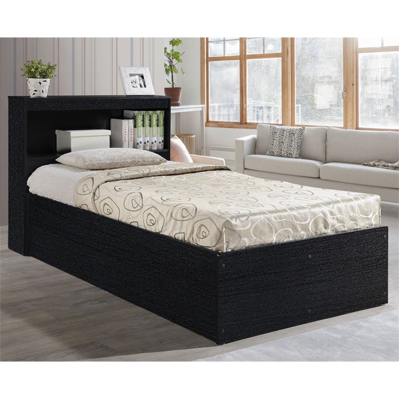 Hodedah Twin Size Captain Bed with 3 Drawers and Headboard in Black Wood