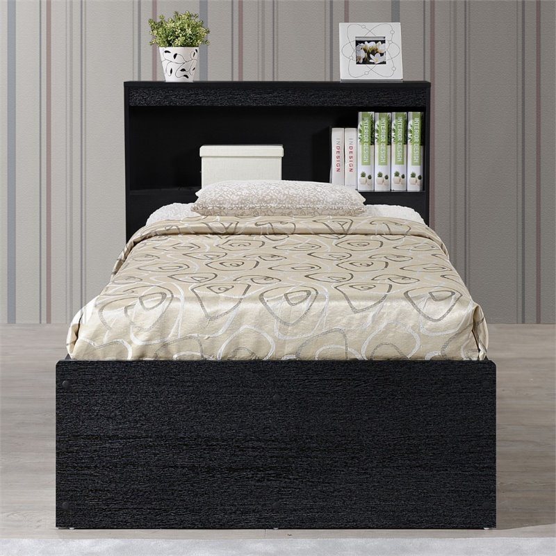 Hodedah Twin Size Captain Bed with 3 Drawers and Headboard in Black Wood