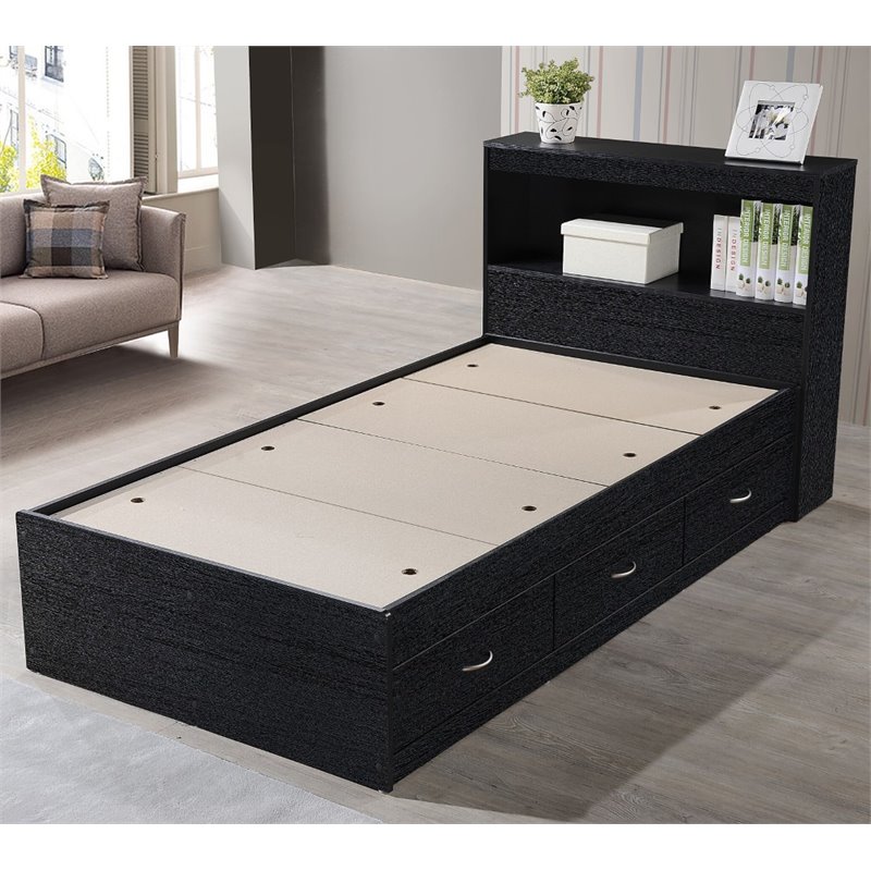 Hodedah Twin Size Captain Bed with 3 Drawers and Headboard in Black Wood