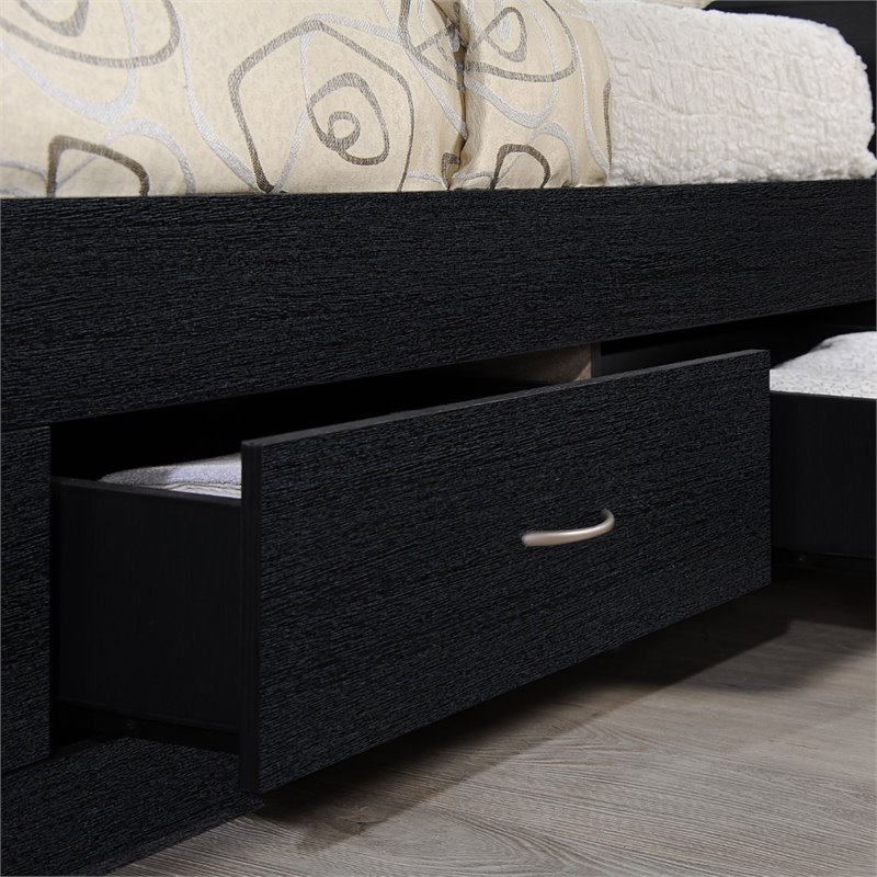 Hodedah Twin Size Captain Bed with 3 Drawers and Headboard in Black Wood