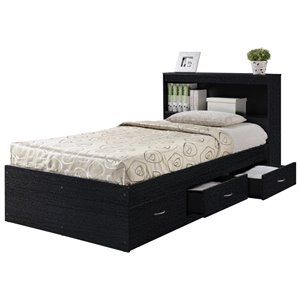 Hodedah Twin Size Captain Bed with 3 Drawers and Headboard in Black Wood