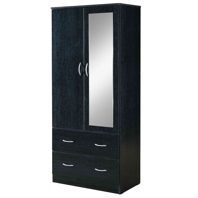 Hodedah 2 Door Armoire with 2 Drawers and Clothing Rod plus Mirror in Black Wood