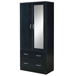 Hodedah 2 Door Armoire with 2 Drawers and Clothing Rod plus Mirror in Black Wood