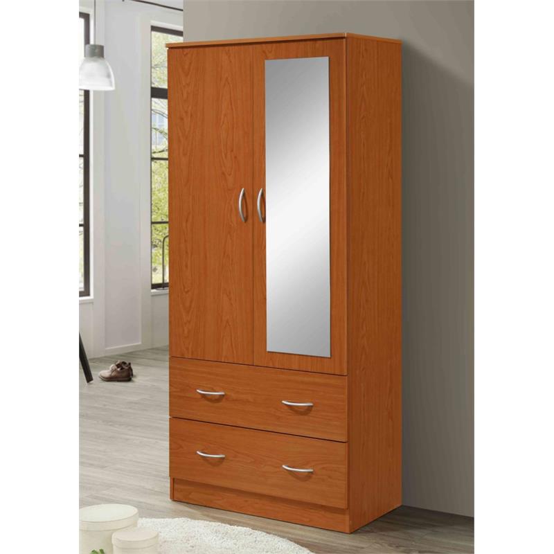 Hodedah 2 Door Armoire with 2 Drawers Clothing Rod and Mirror in Cherry Wood