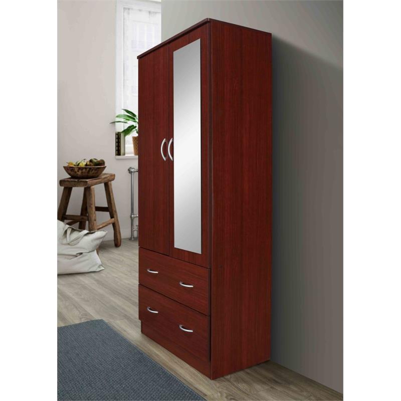 Hodedah 2 Door Armoire with 2 Drawers Clothing Rod and Mirror in Mahogany Wood