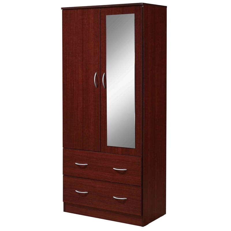 Hodedah 2 Door Armoire with 2 Drawers Clothing Rod and Mirror in Mahogany Wood