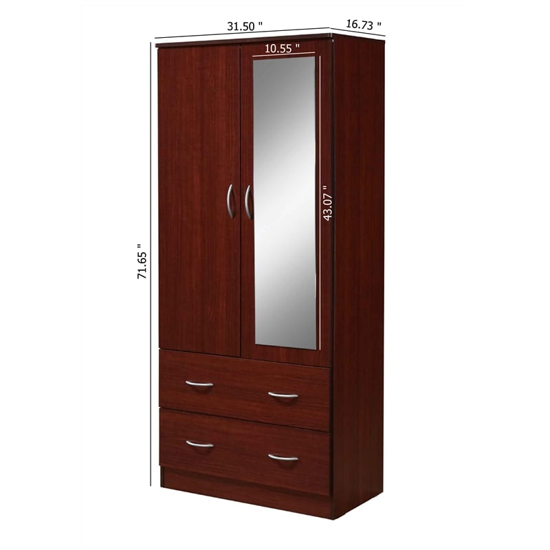Hodedah 2 Door Armoire with 2 Drawers Clothing Rod and Mirror in Mahogany Wood
