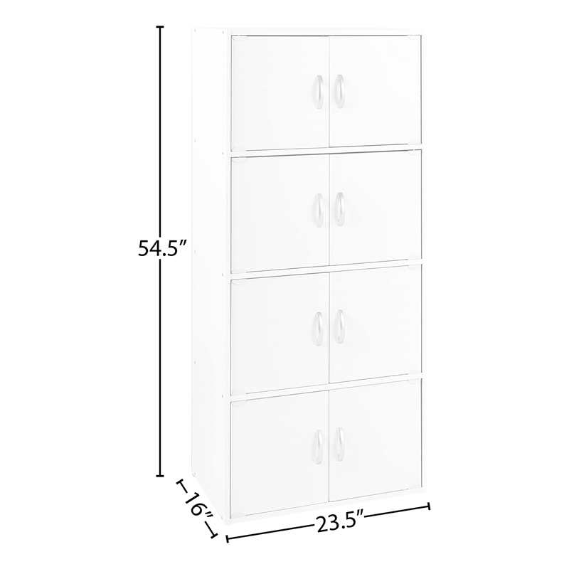 Hodedah 4 Shelf 8 Door Versatil Wooden Bookcase Cabinet in White Finish