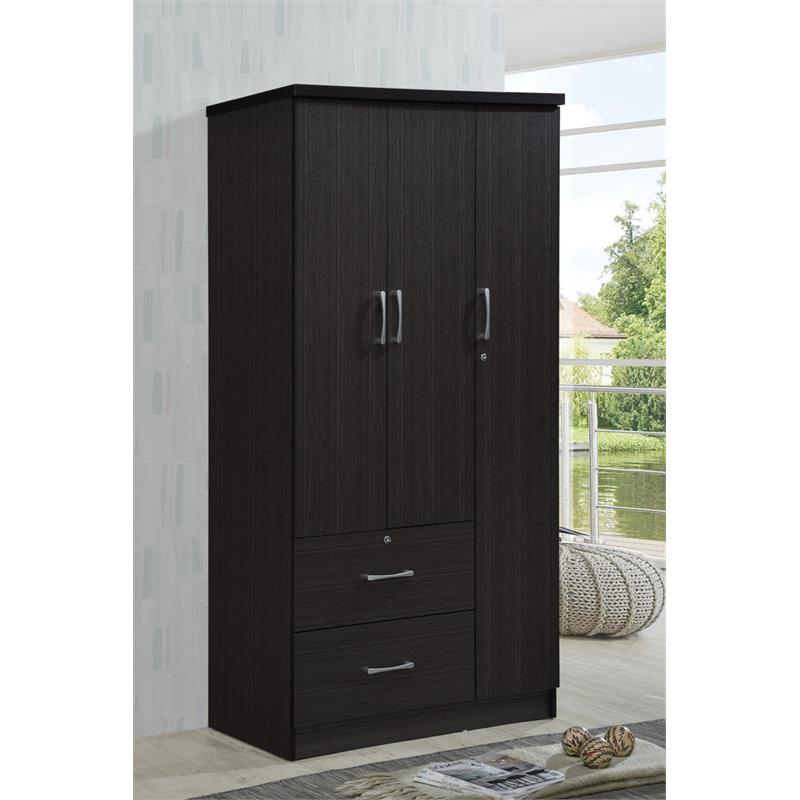 Hodedah 3 Door Armoire with 2 Drawers 3 Shelves in Chocolate Wood