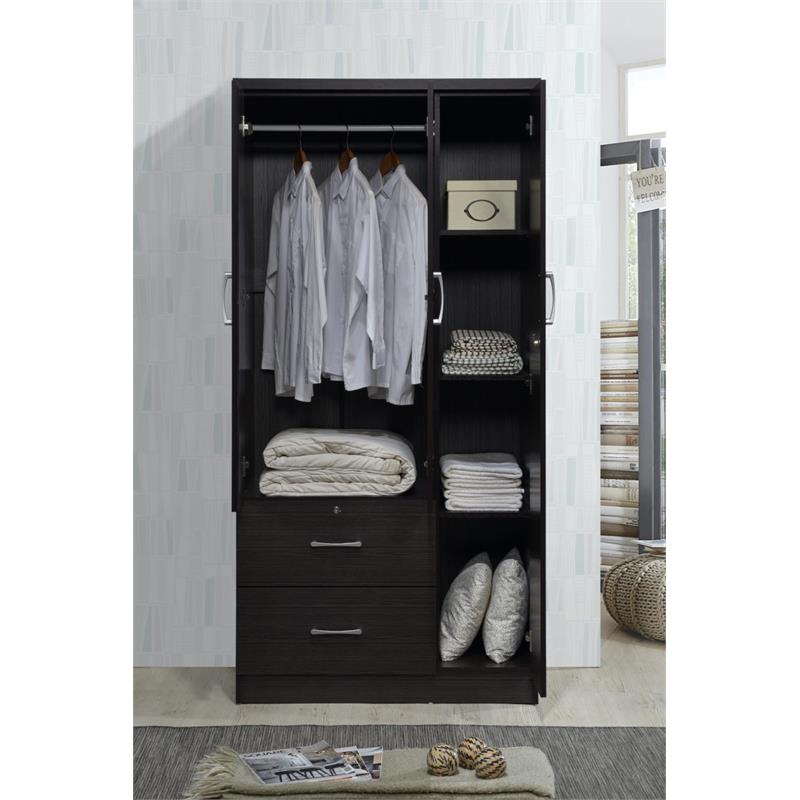 Hodedah 3 Door Armoire with 2 Drawers 3 Shelves in Chocolate Wood