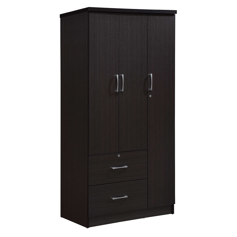 Hodedah 3 Door Armoire with 2 Drawers 3 Shelves in Chocolate Wood