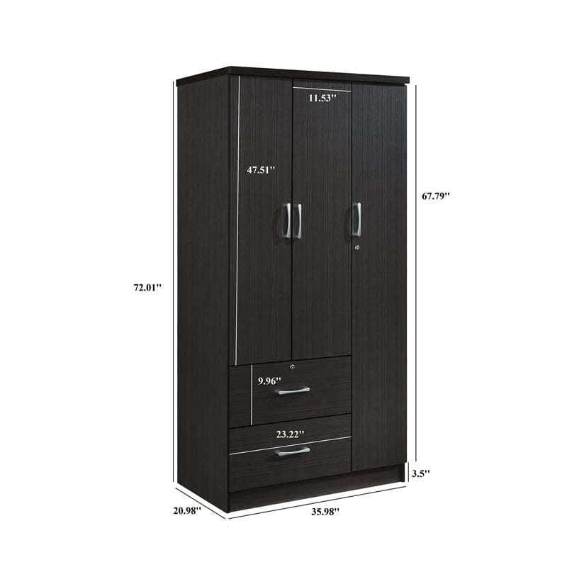 Hodedah 3 Door Armoire with 2 Drawers 3 Shelves in Chocolate Wood