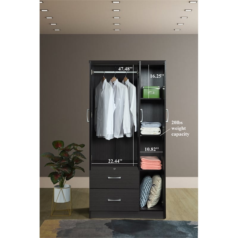 Hodedah 3 Door Armoire with 2 Drawers 3 Shelves in Chocolate Wood