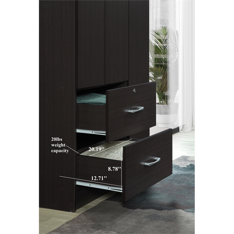 Hodedah 3 Door Armoire with 2 Drawers 3 Shelves in Chocolate Wood