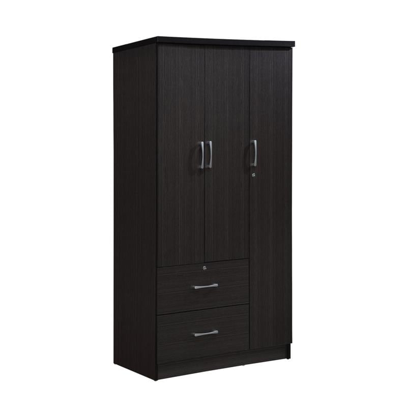 Hodedah 3 Door Armoire with 2 Drawers 3 Shelves in Chocolate Wood