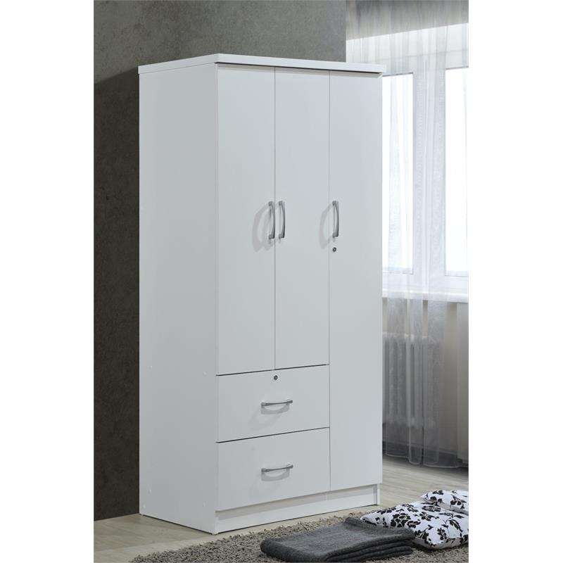 Hodedah 3 Door Armoire with 2 Drawers 3 Shelves in White Wood