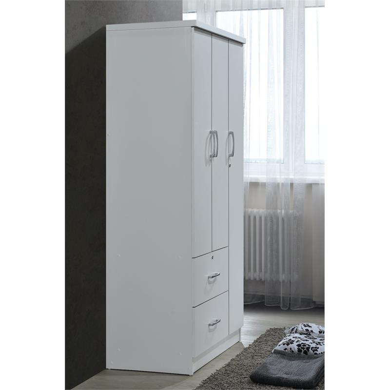 Hodedah 3 Door Armoire with 2 Drawers 3 Shelves in White Wood