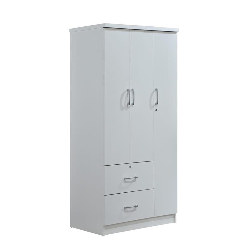 Hodedah 3 Door Armoire with 2 Drawers 3 Shelves in White Wood