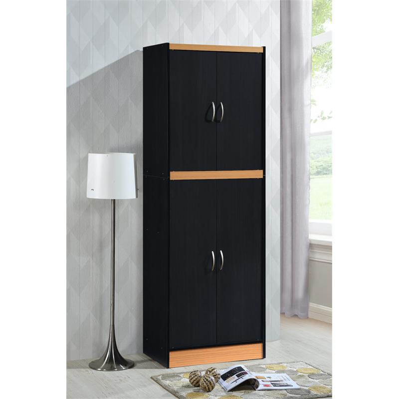 Hodedah 4 Door Kitchen Pantry with 4 Shelves 5 Compartments in Black-Beige Wood
