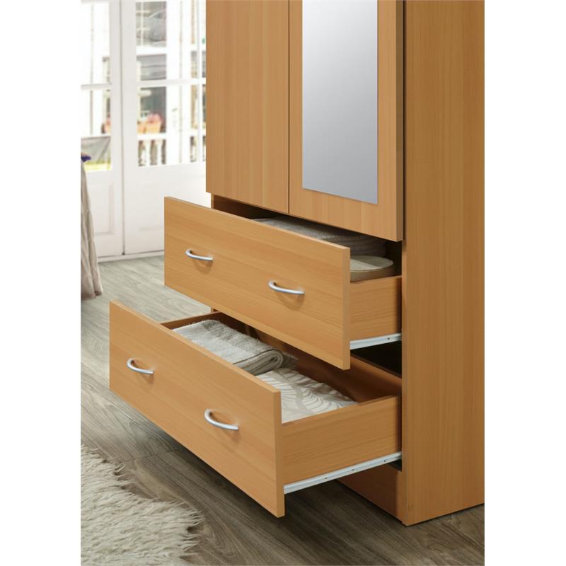 Hodedah 2-Door Armoire with 2-Drawers and Clothing Rod plus Mirror in Beige Wood