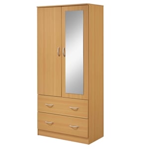Hodedah 2-Door Armoire with 2-Drawers and Clothing Rod plus Mirror in Beige Wood