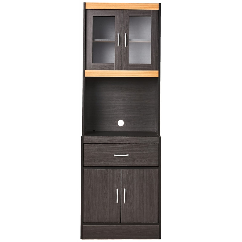Hodedah Kitchen Cabinet 1 Drawer and Space for Microwave in Black-Beige Wood
