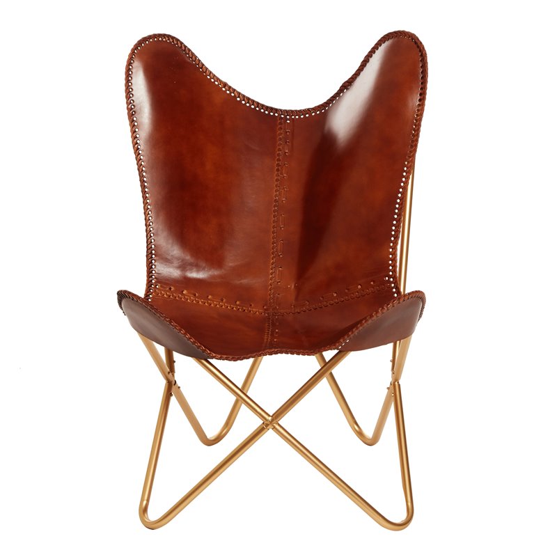 Carolina Classics Monroe Leather Butterfly Chair in Brown and Gold