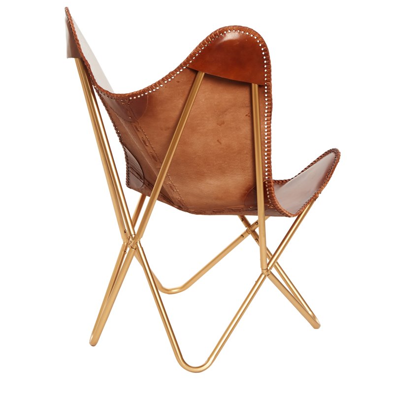 Carolina Classics Monroe Leather Butterfly Chair in Brown and Gold