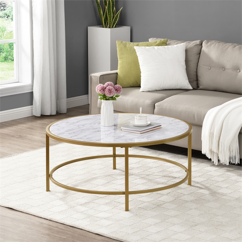 Carolina Classics Verazano Faux Marble Top 36 In Round Coffee Table in Gold