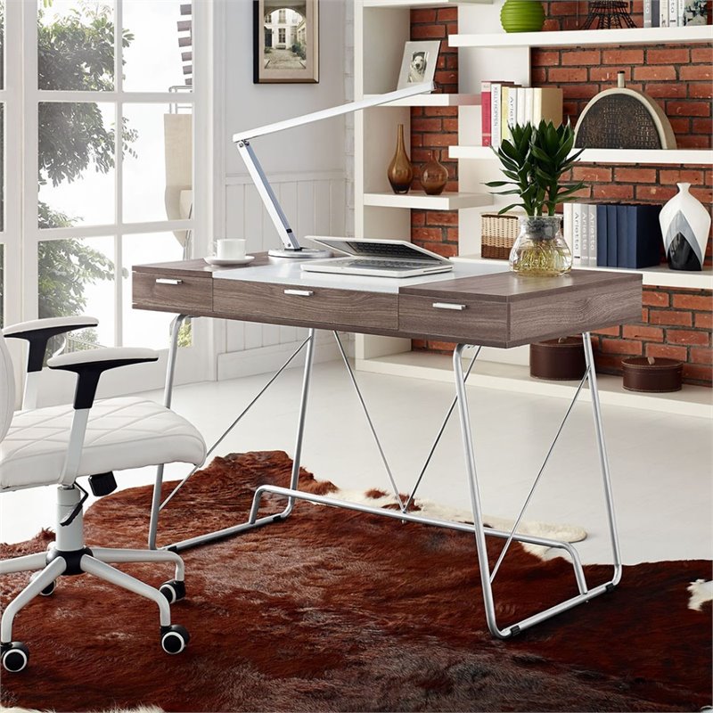 Modway Panel Modern Wood & Metal Office Desk in Birch Gray Finish