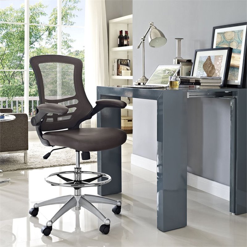 Modway Attainment Modern Vinyl Drafting Chair in Brown Finish