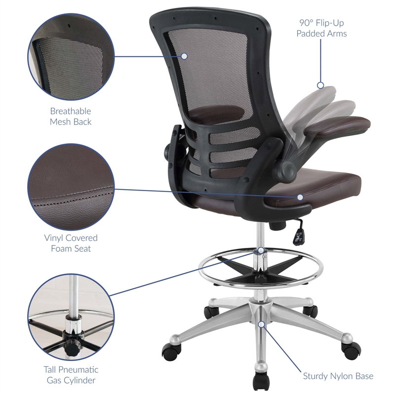 Modway Attainment Modern Vinyl Drafting Chair in Brown Finish