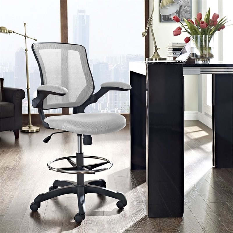 Modway Veer Modern Mesh Fabric & Metal Drafting Chair in Gray