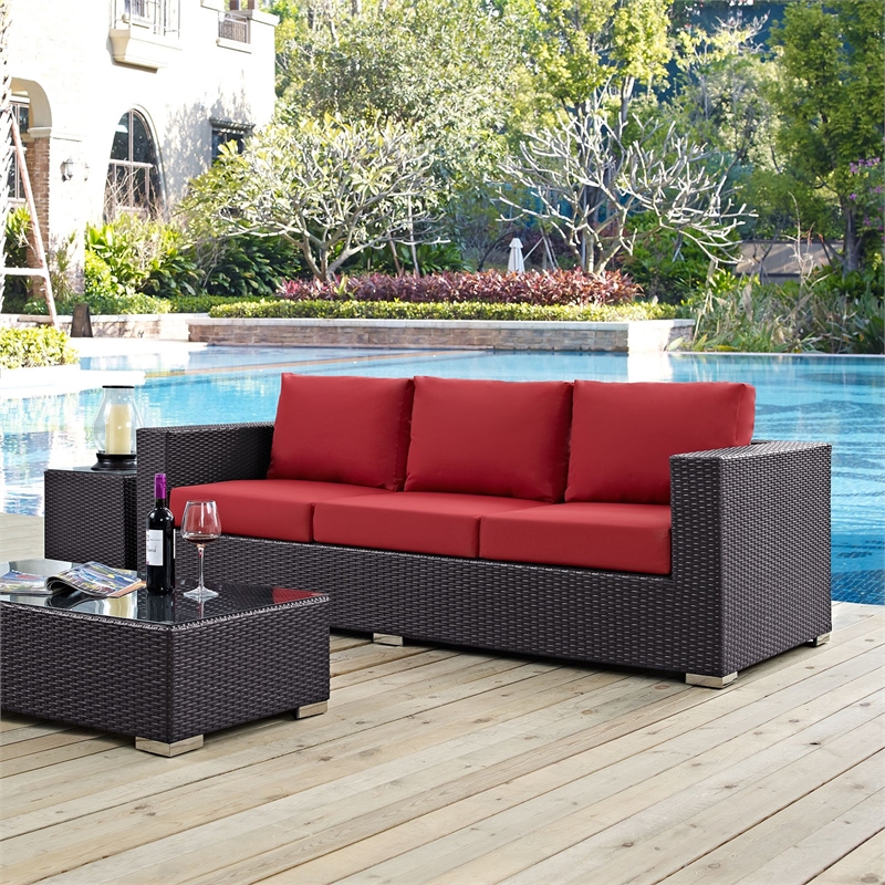 Modway Convene Aluminum and Rattan Outdoor Patio Sofa in Espresso/Red