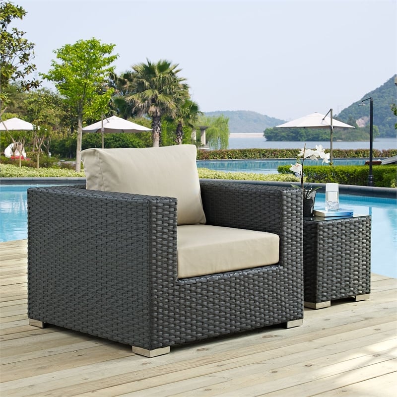 Modway Sojourn Aluminum and Rattan Patio Armchair in Canvas/Antique Beige