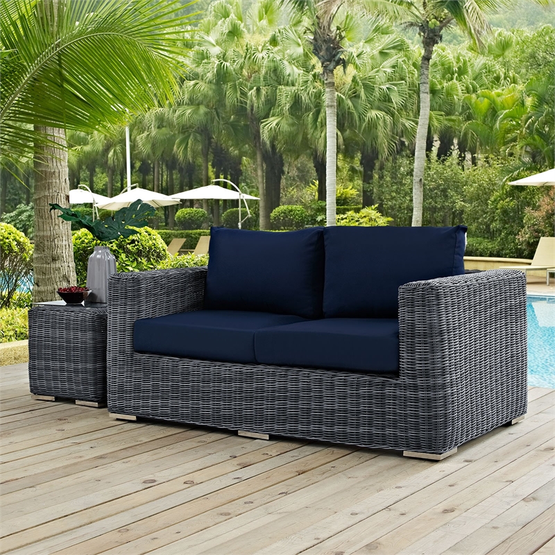 Modway Summon Aluminum and Rattan Patio Loveseat in Canvas/Navy