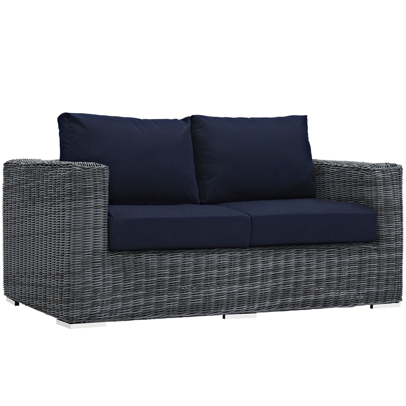 Modway Summon Aluminum and Rattan Patio Loveseat in Canvas/Navy