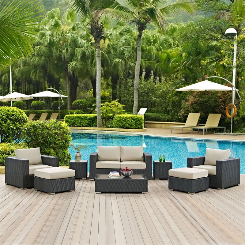 Modway Sojourn 8-Piece Aluminum and Rattan Patio Sectional Set in Canvas/Beige
